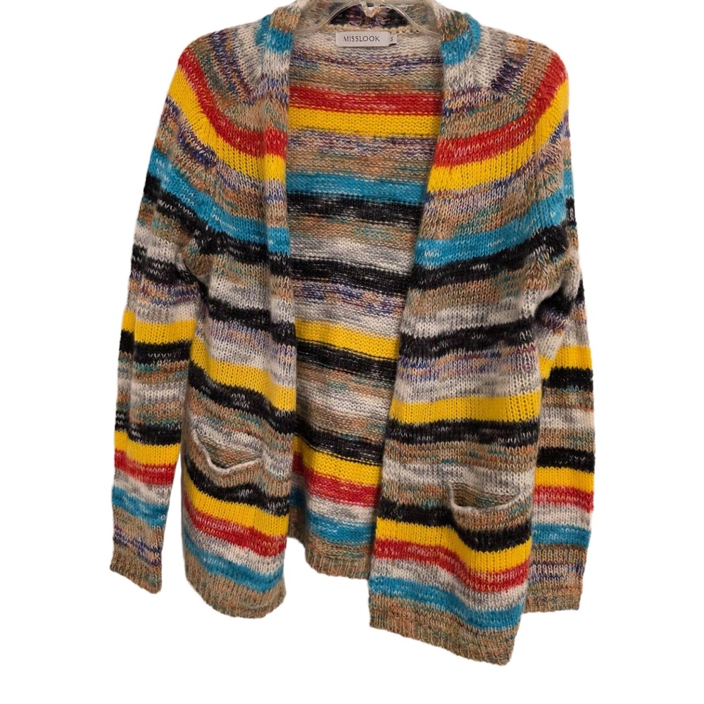 Misslook Multicolor Striped Long Sleeves Open Front Patch Pockets Cardigan Small